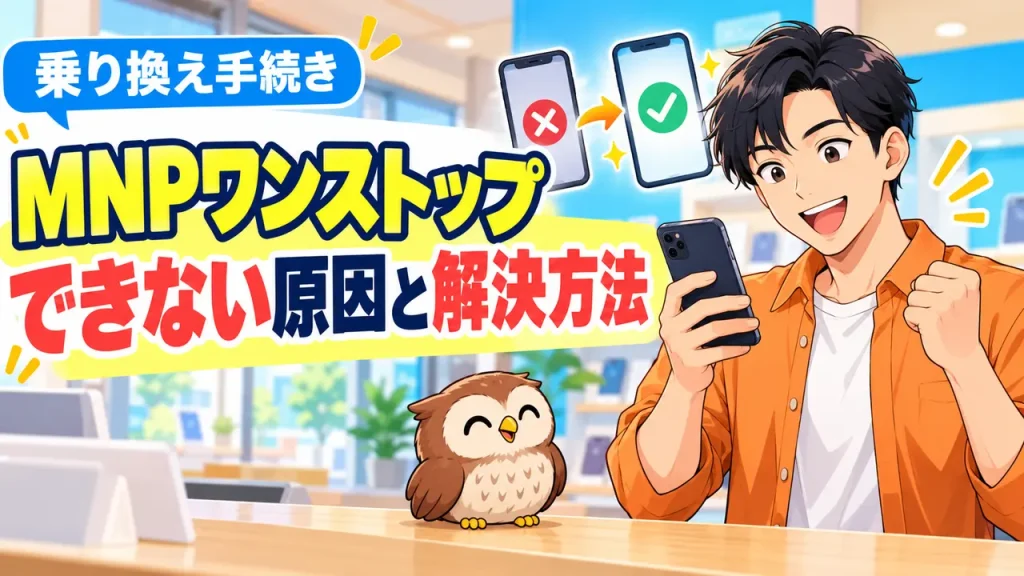 MNPワンストップのエラーを解決する男性とフクロウ