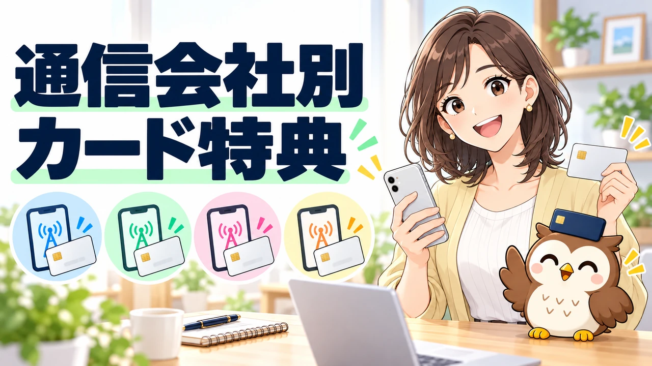 通信会社別のおすすめカードを比較する人物とフクロウのイラスト