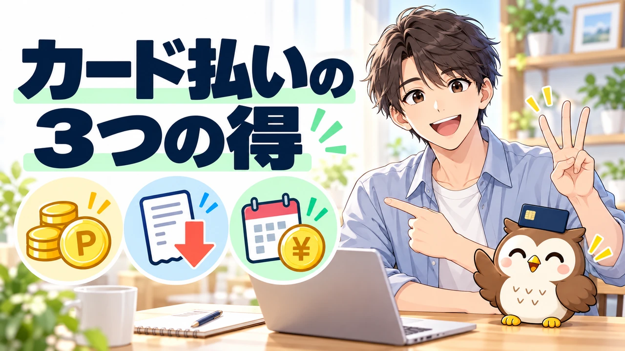 携帯料金のポイント還元と月額割引を考える人物とフクロウのイラスト