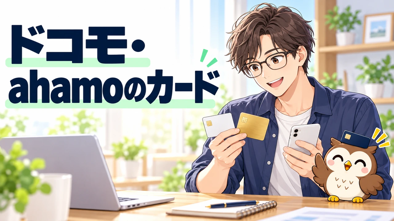 ドコモとahamo向けのカードを比べる人物とフクロウのイラスト