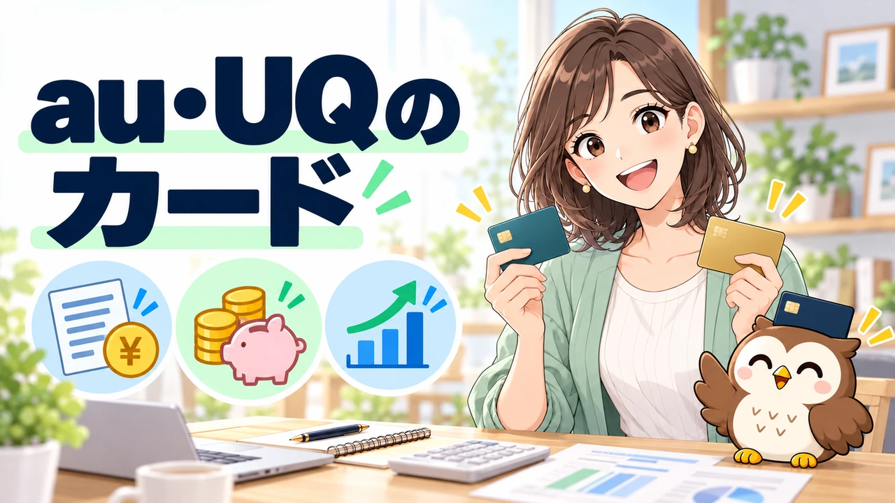 auとUQモバイルの支払いカードを比較する人物とフクロウのイラスト