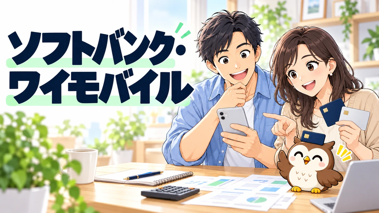 ソフトバンクとワイモバイル向けのカードを比べる人物とフクロウのイラスト