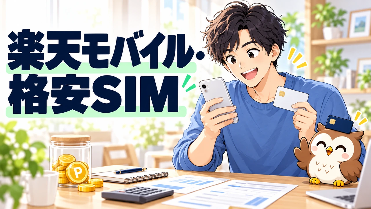 楽天モバイルと格安SIMの支払いカードを選ぶ人物とフクロウのイラスト
