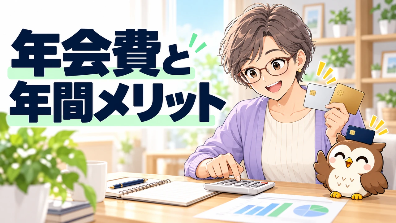 携帯料金の年間ポイントと年会費を比べる人物とフクロウのイラスト