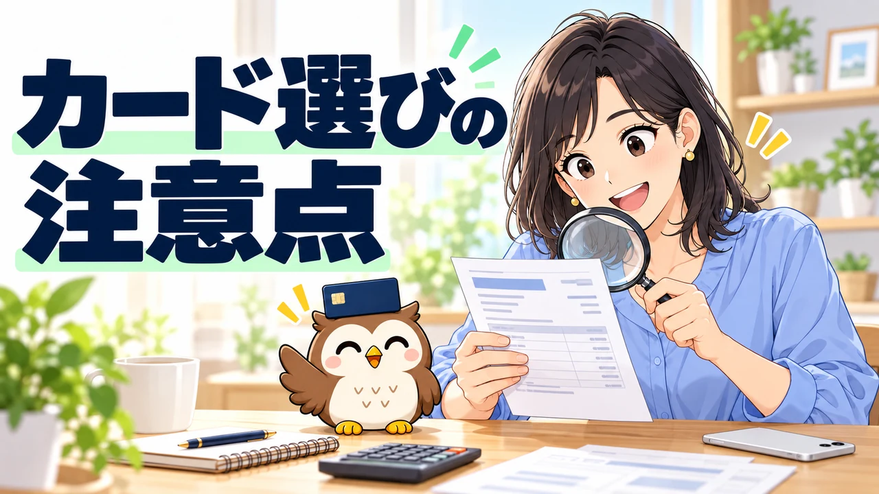 携帯料金を支払うカードの条件を確認する人物とフクロウのイラスト