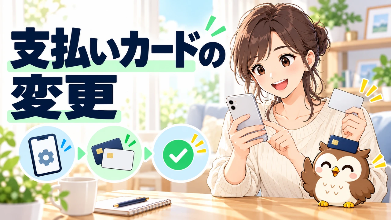 スマートフォンで支払いカードを変更する人物とフクロウのイラスト
