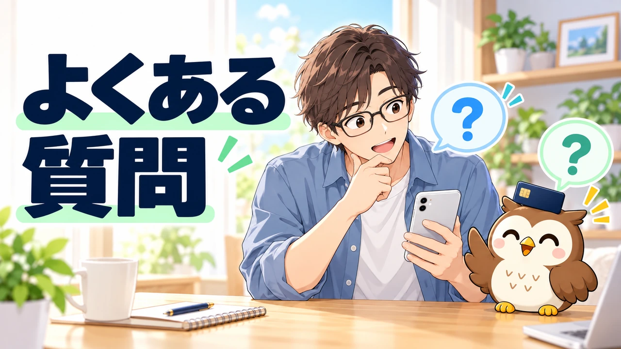 カード払いに関する疑問を考える人物とフクロウのイラスト