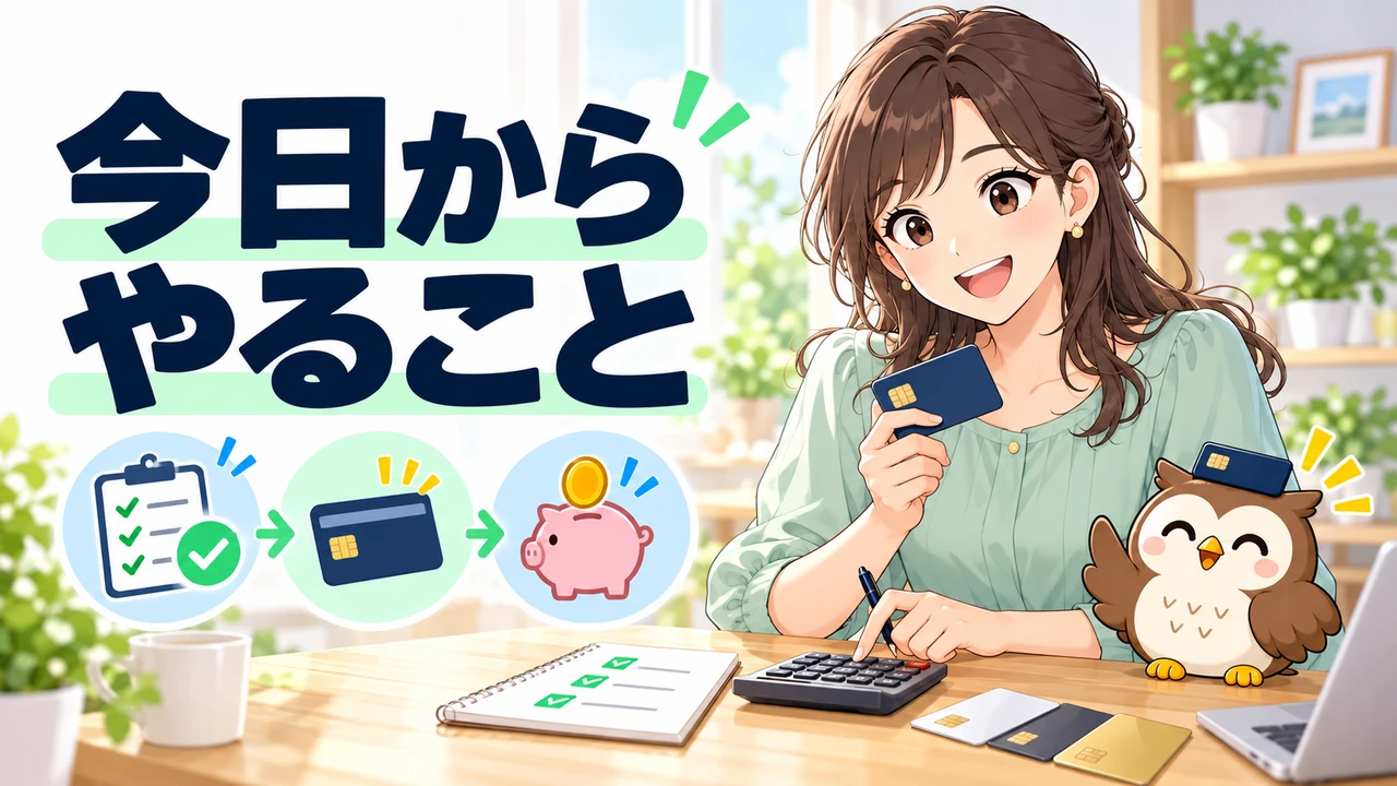 携帯料金とクレジットカードを見直す人物とフクロウのイラスト