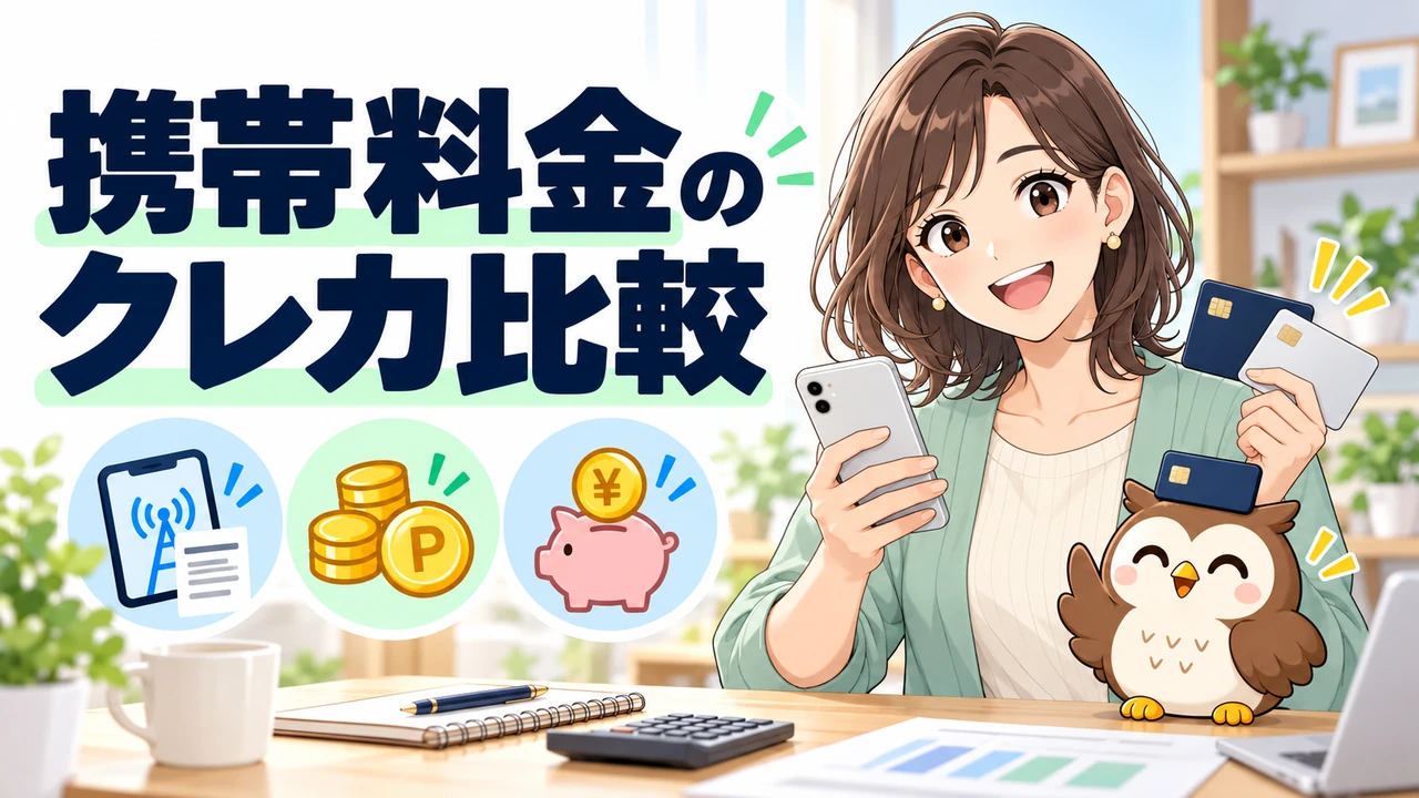 スマホ料金とクレジットカードを考える人物とフクロウのイラスト