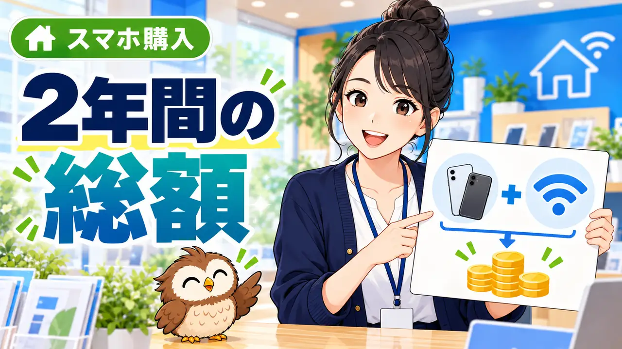 本体価格と2年間の通信費を合わせた総額の比較を説明するイラスト