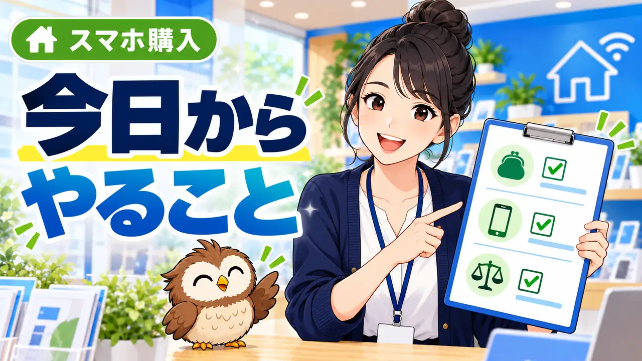 安いスマホを選ぶために今日からやることを説明するイラスト