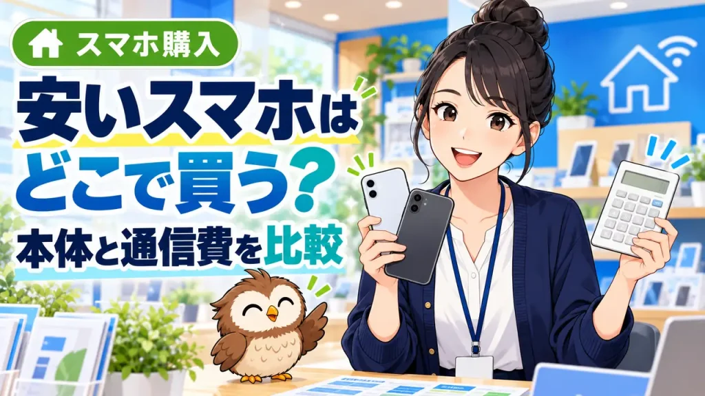 安いスマホの購入先と本体・通信費の比較を案内するイラスト