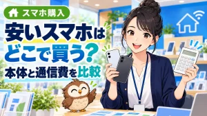 安いスマホの購入先と本体・通信費の比較を案内するイラスト