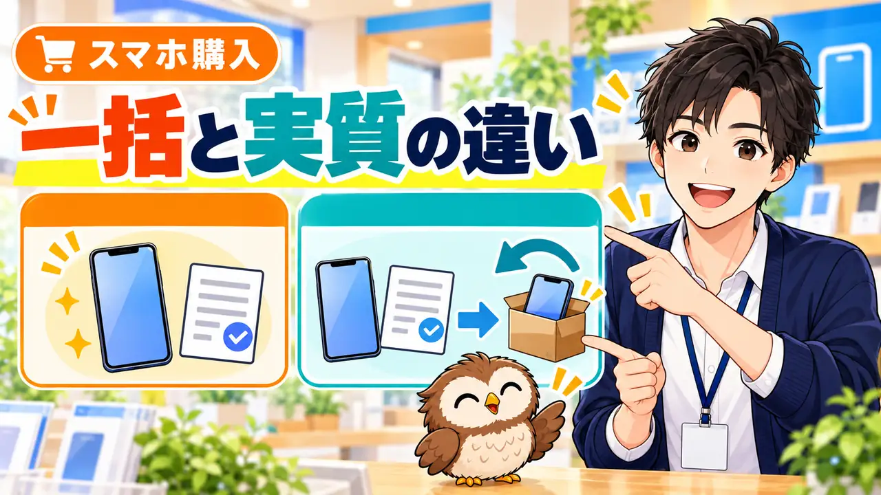 一括1円と実質1円の違いを説明するイラスト