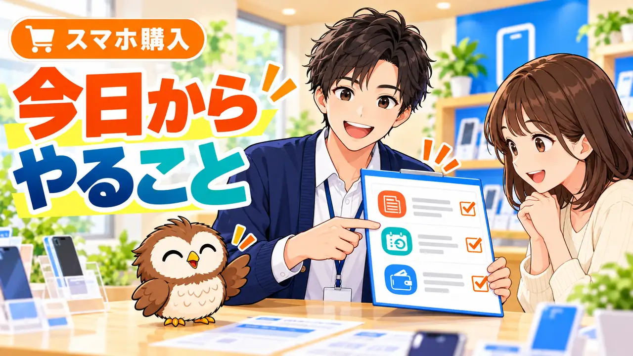 1円スマホを比較するために今日からやることを説明するイラスト