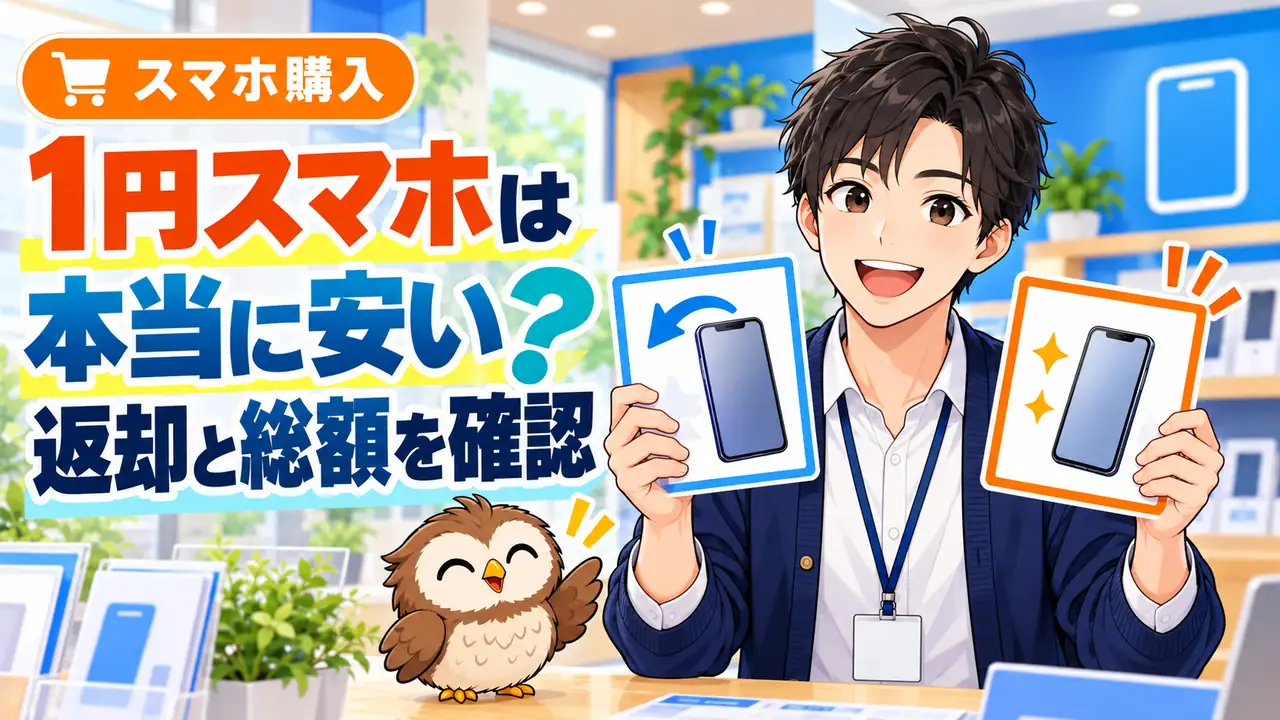 1円スマホの返却条件と総支払額を案内するイラスト