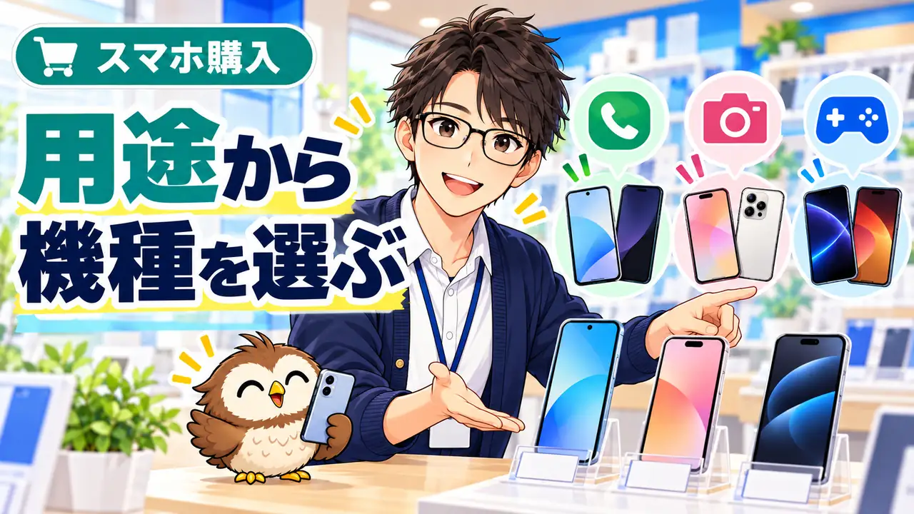 中古スマホを選ぶ前に、使用目的から機種を絞るを説明するイラスト
