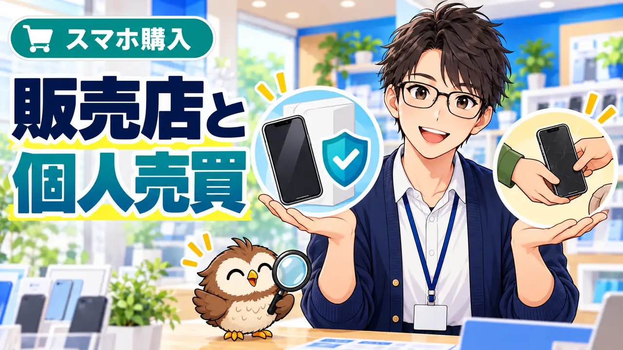 どこで買う? 販売店と個人売買の違いを説明するイラスト