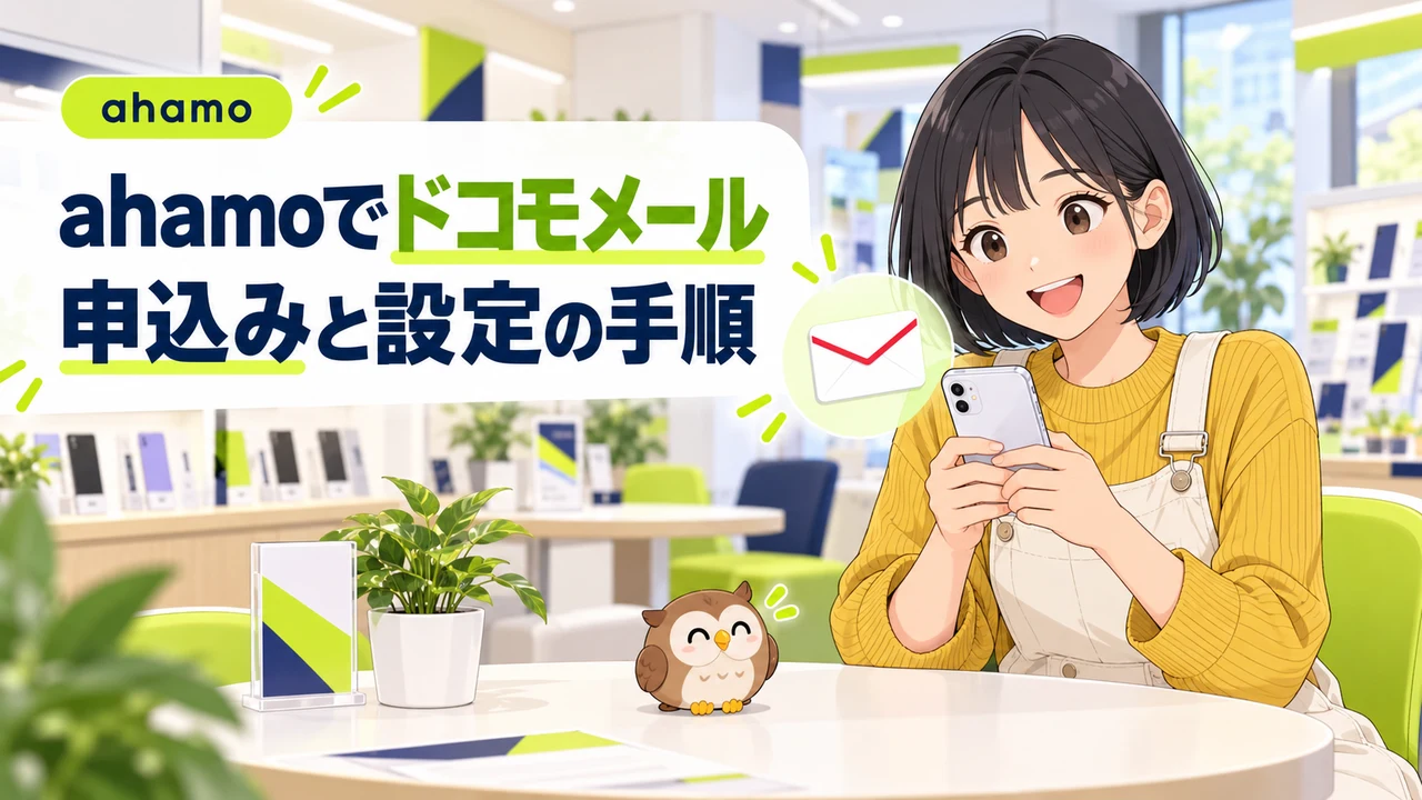 ahamoでドコモメールの引継ぎを確認する女性と小さなフクロウ