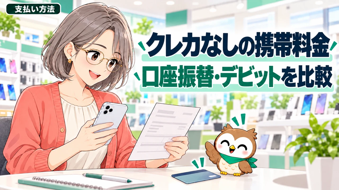 眼鏡とグレーのボブヘアの女性がスマホと請求書を見比べ、携帯料金の口座振替とデビットカード払いを比較するイラスト