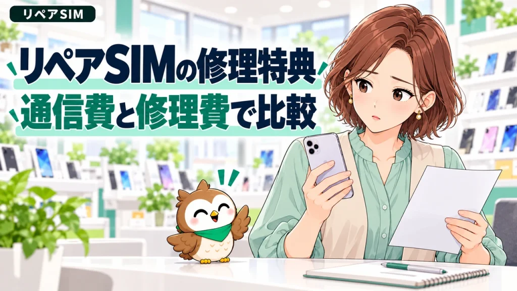 携帯ショップで女性がスマホと修理の見積書を見比べ、通信費と修理費を比較するイラスト