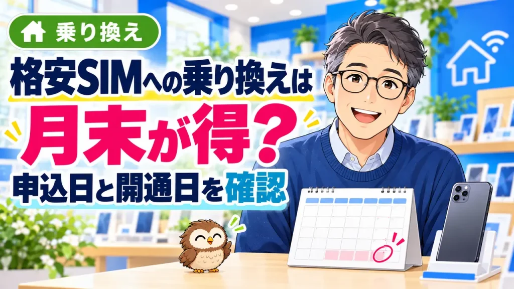 月末の格安SIM乗り換えをカレンダーで考える眼鏡の男性と小さなフクロウ