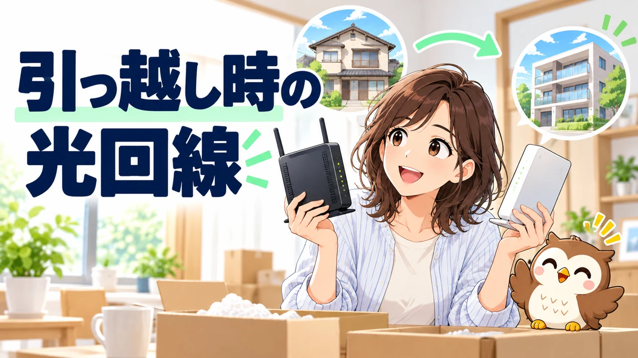 引っ越し時の光回線を検討する女性と家のイラスト