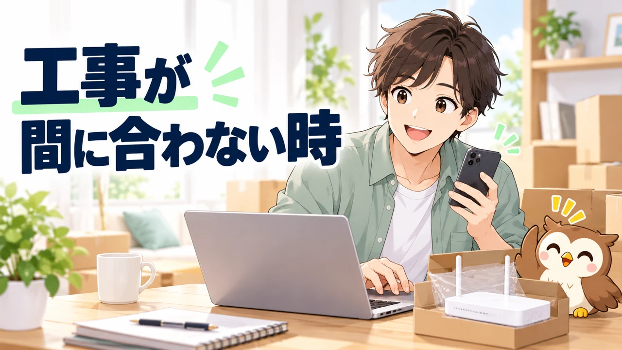光回線の工事が引っ越しに間に合わない場合の対策を考えるイラスト