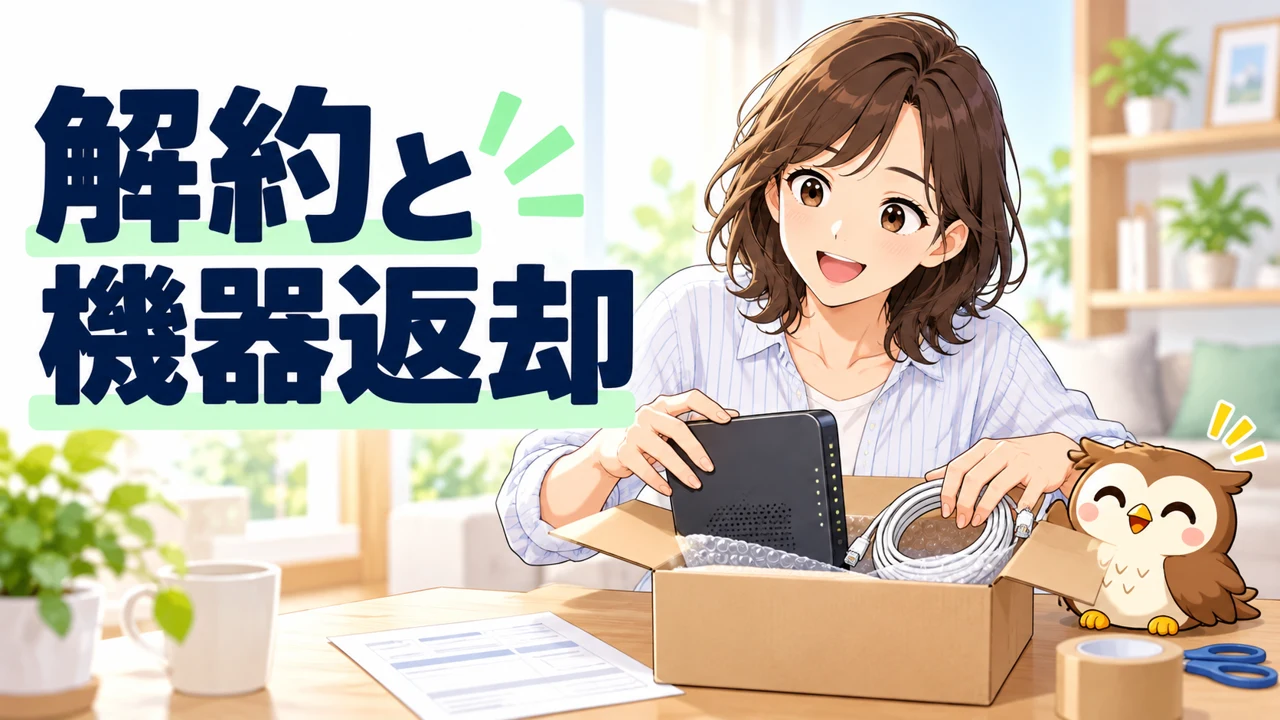 光回線の解約とレンタル機器返却を確認するイラスト