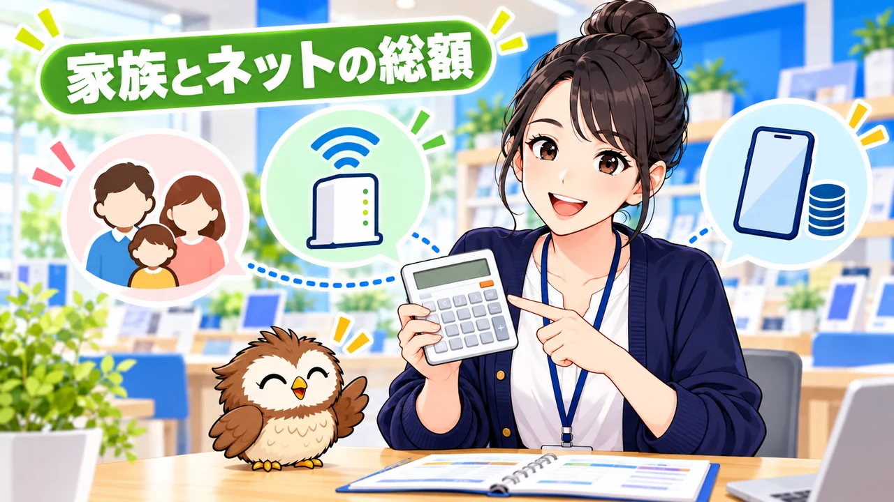 家族のスマホ代・自宅のネット代・端末代の総額を計算するイラスト