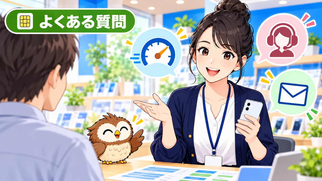 格安SIMの速度・サポート・メールに関する質問に答えるイラスト