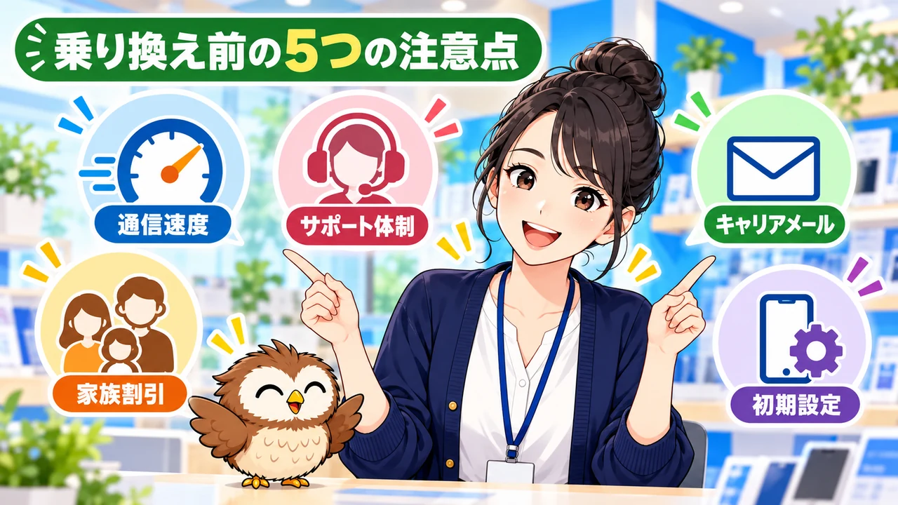 格安SIMに乗り換える前に通信速度・サポート・メール・家族割引・初期設定を確認するイラスト