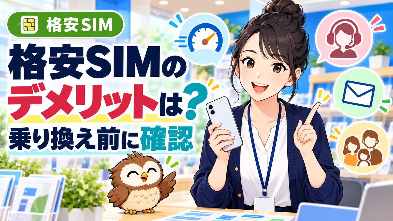 格安SIMの速度・サポート・メール・家族割の注意点を説明するイラスト