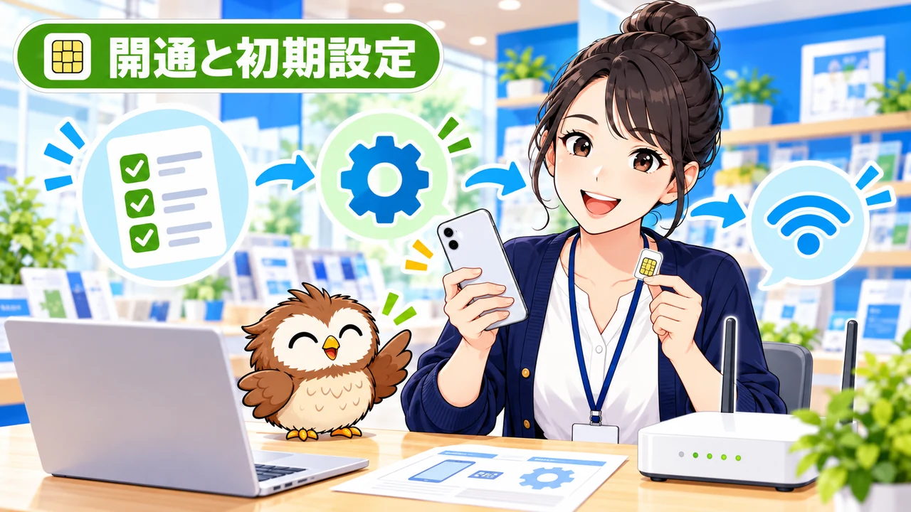 SIMの開通と初期設定を自分で進める手順を示すイラスト