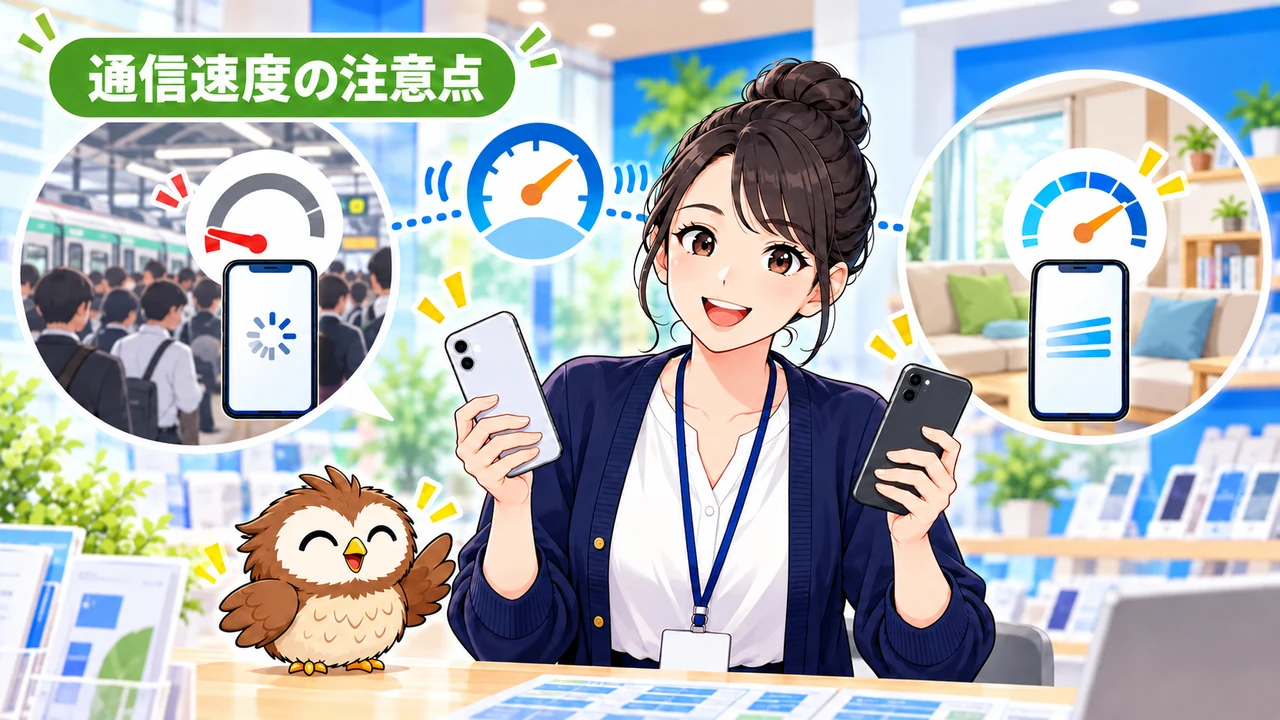 混雑した駅と自宅で格安SIMの通信速度が違うことを示すイラスト