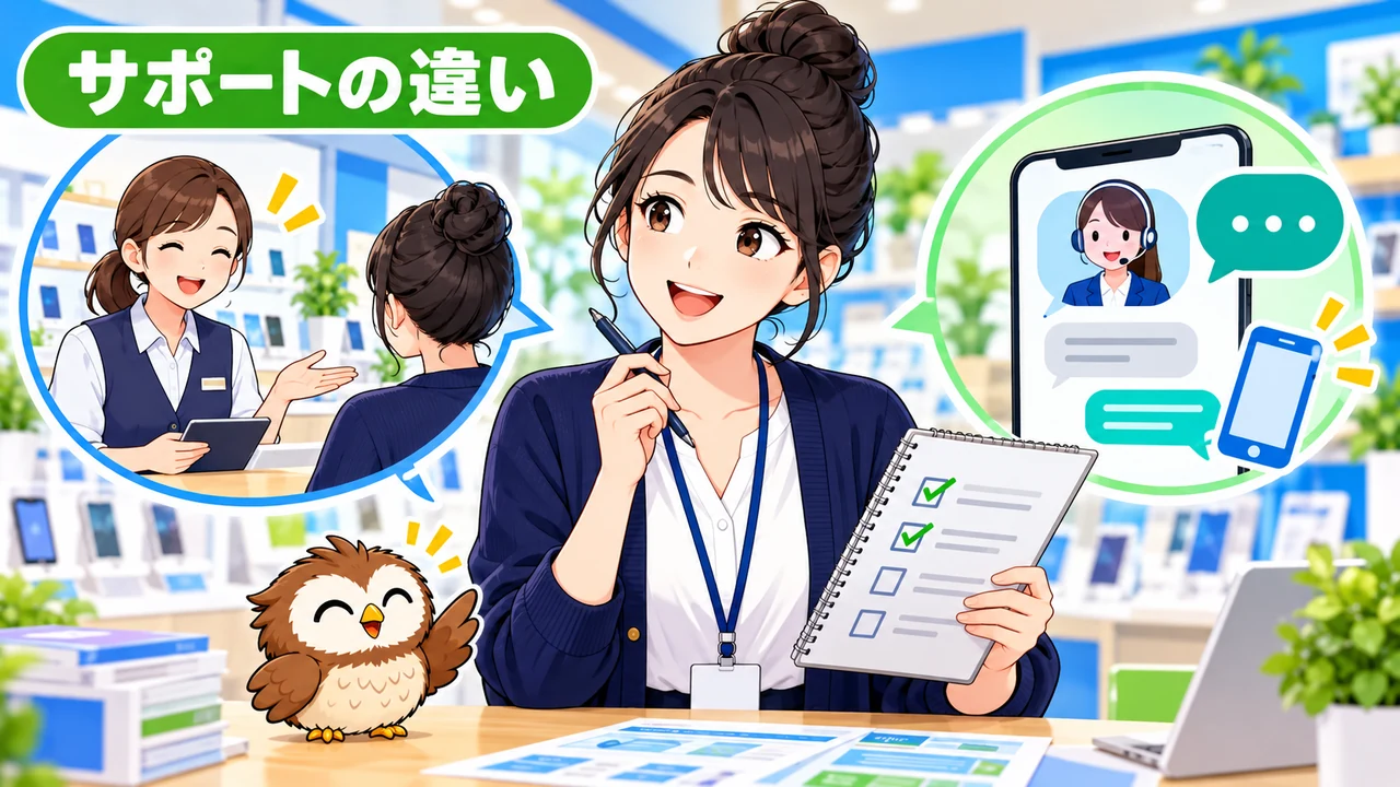格安SIMの店舗とオンラインのサポート窓口を比較するイラスト