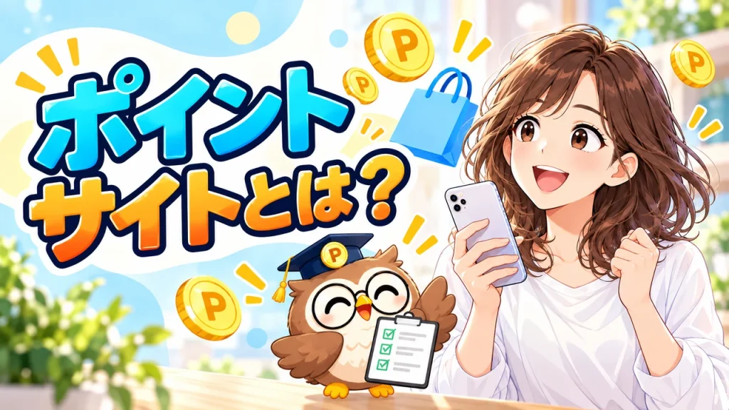 ポイントサイトの始め方を考える人物とPマークのフクロウ