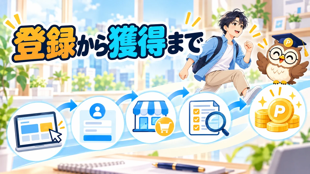 選択、無料登録、案件確認、利用、ポイント確定までの流れ