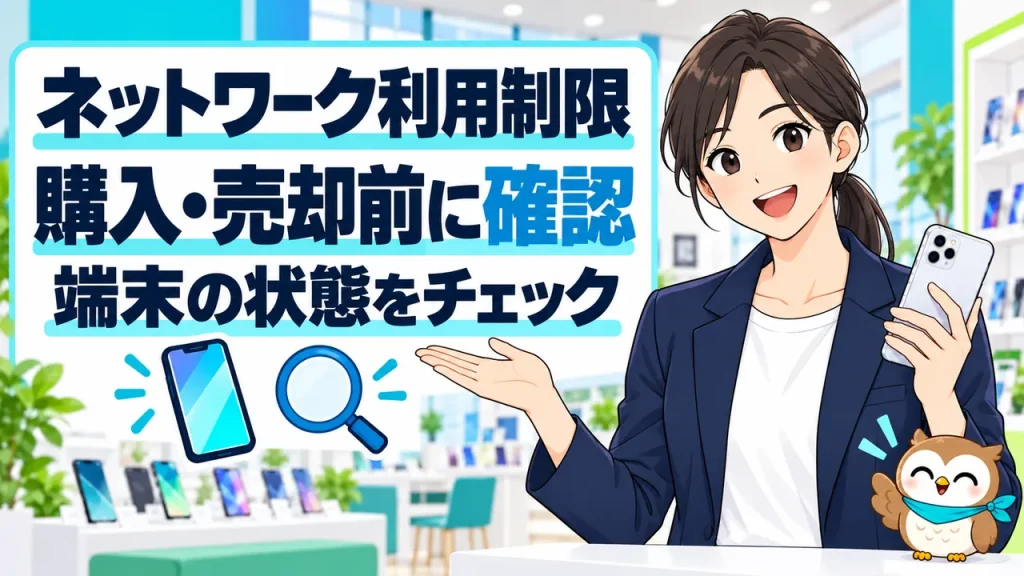 ネットワーク利用制限、購入・売却前に確認、端末の状態をチェックを案内する携帯ショップの人物と小さなフクロウ