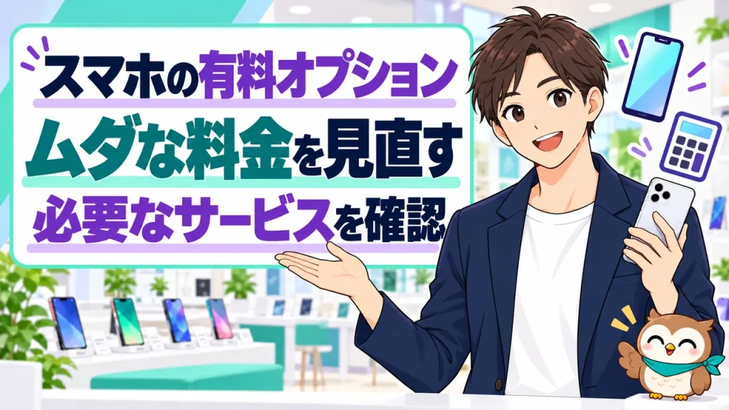 スマホの有料オプションを案内する男性と小さなフクロウ