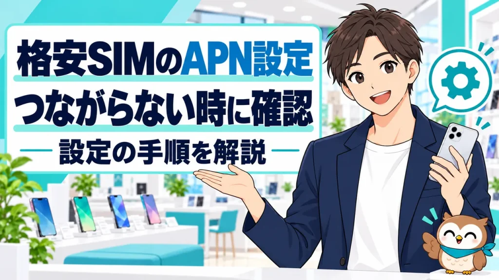 格安SIMのAPN設定、つながらない時に確認、設定の手順を解説を案内する携帯ショップの人物と小さなフクロウ