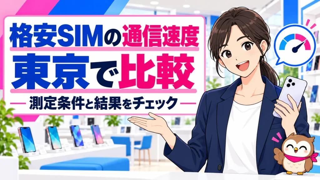 格安SIMの通信速度、東京で比較、測定条件と結果をチェックを案内する携帯ショップの女性とフクロウ