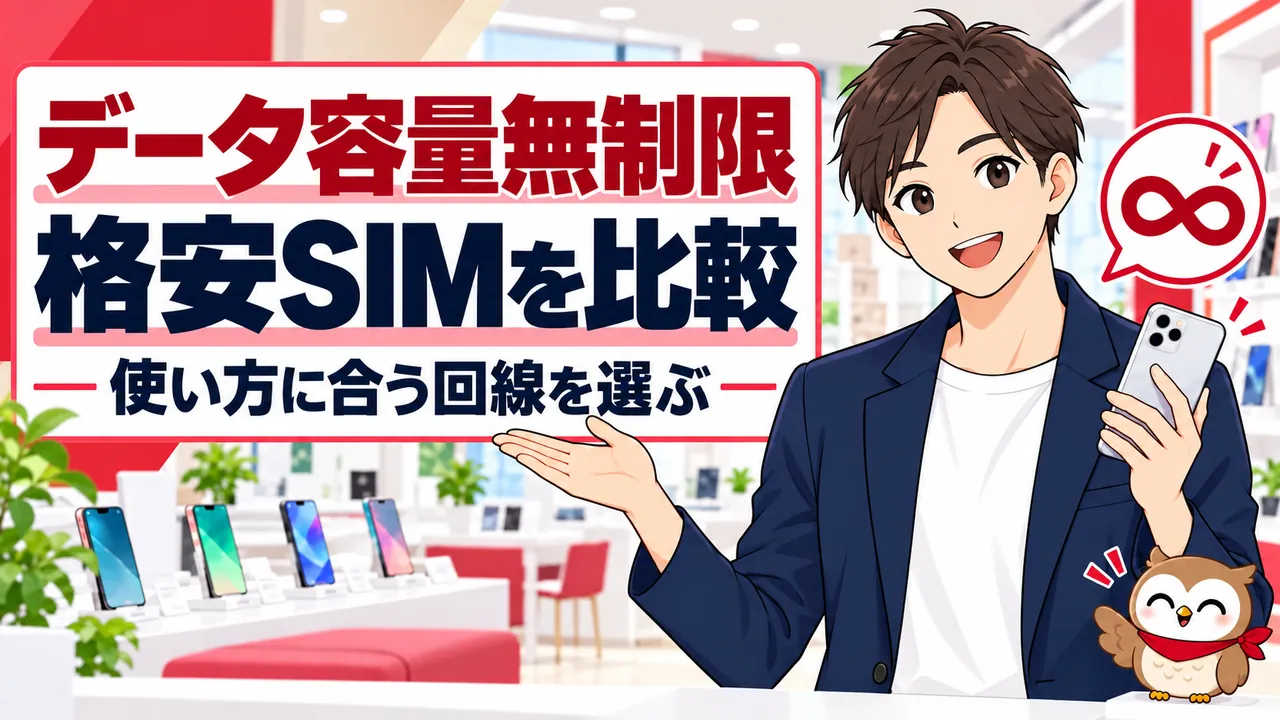 データ容量無制限、格安SIMを比較、使い方に合う回線を選ぶを案内する携帯ショップの男性とフクロウ