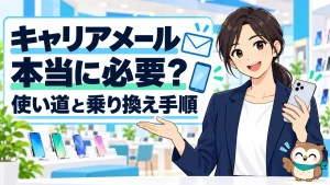 携帯ショップの女性スタッフがキャリアメールの必要性と乗り換え手順を説明