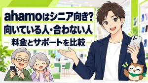 ahamoはシニア向き？、向いている人・合わない人、料金とサポートを比較を案内する携帯ショップの男性とフクロウ