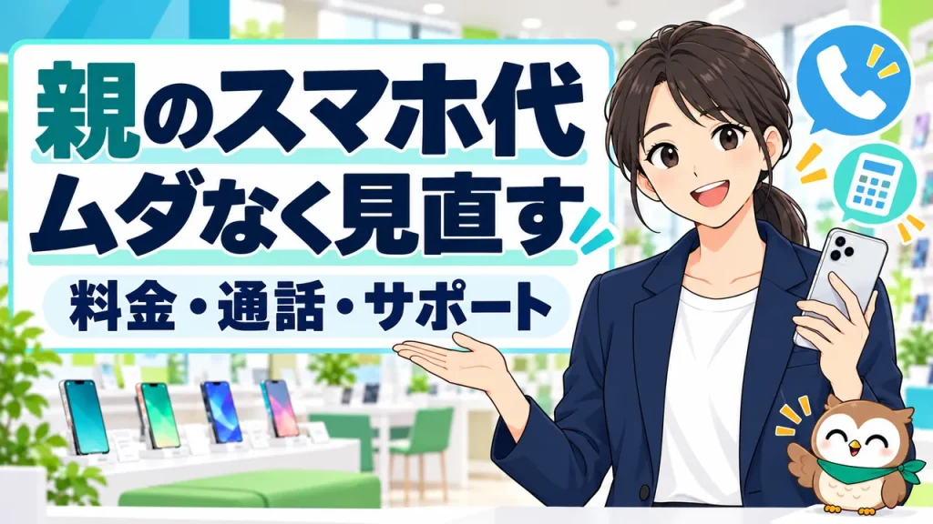 親のスマホ代、ムダなく見直す、料金・通話・サポートを案内する携帯ショップの女性とフクロウ