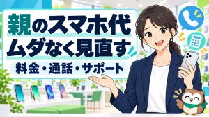 親のスマホ代、ムダなく見直す、料金・通話・サポートを案内する携帯ショップの女性とフクロウ