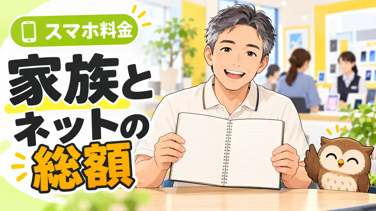 家族のスマホ代と自宅ネット代を合わせて比較するイラスト
