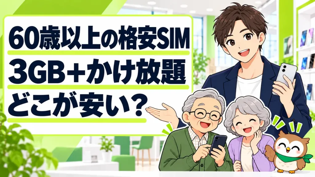 60歳以上の格安SIM、3GBとかけ放題はどこが安いか比較するイラスト