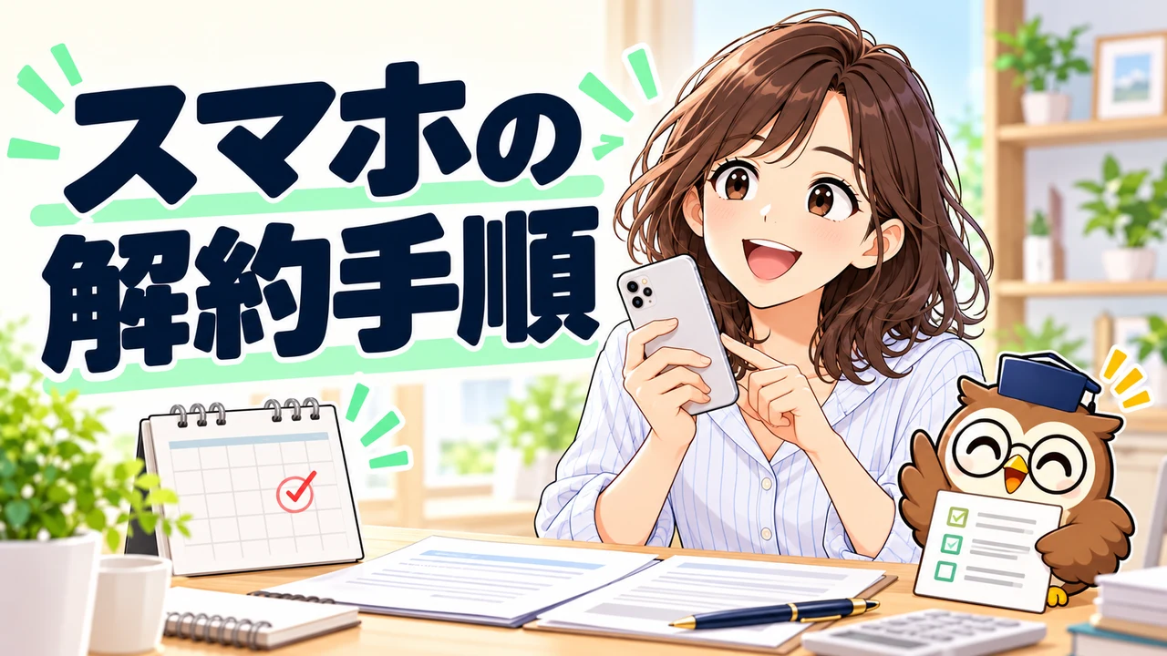 スマホの解約手順を確認する人物とフクロウ